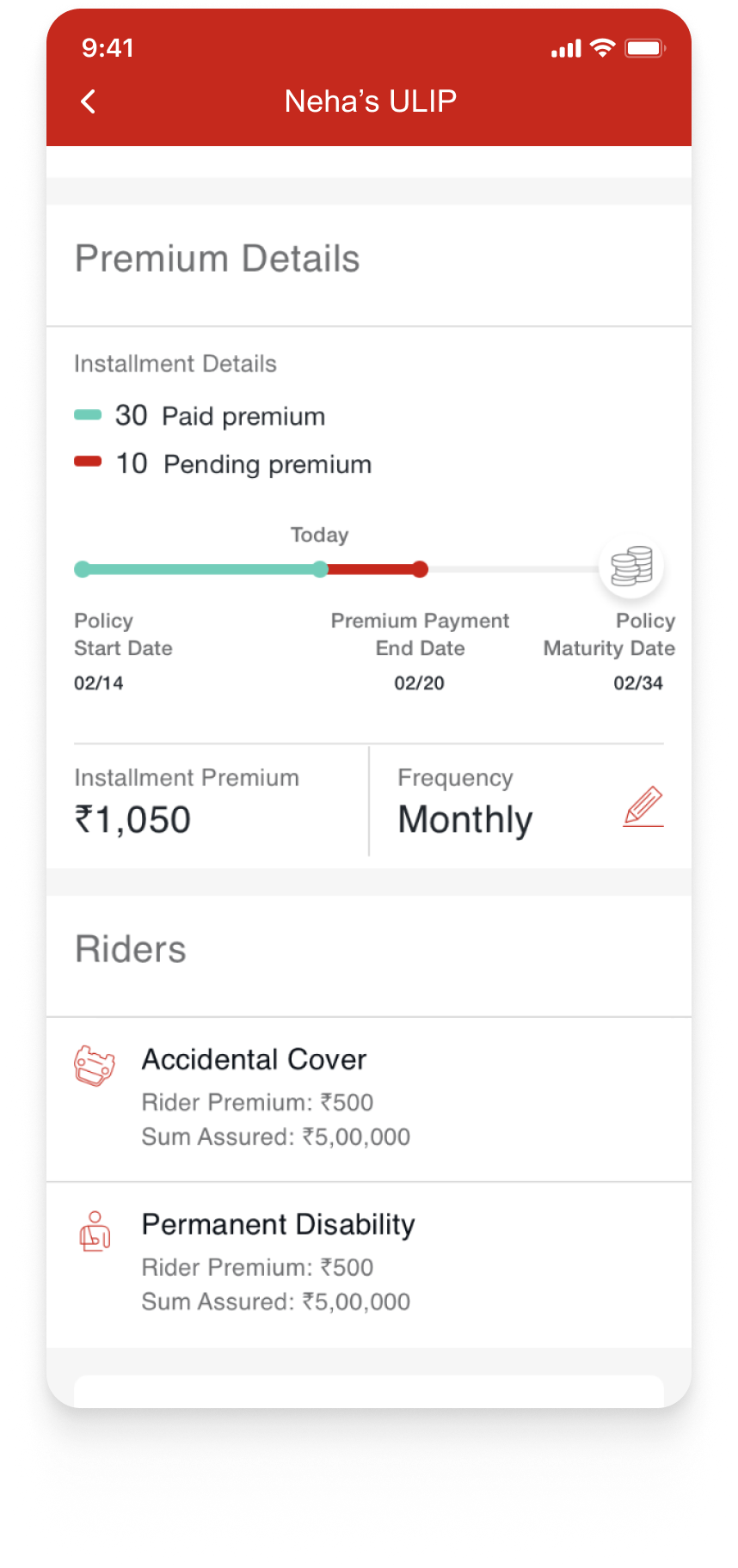 UX/UI Design in a mobile app screen to manage insurance policy premiums